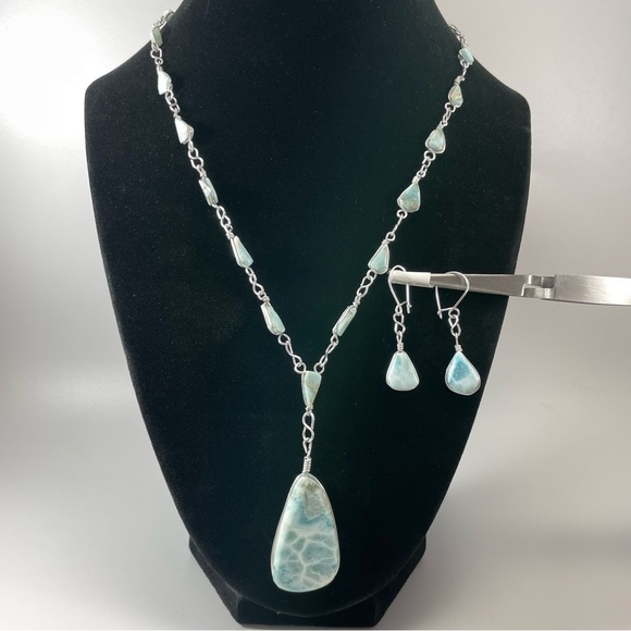 Unmarked Sterling Silver Blue Larimar Stone Pendant Necklace Earring Set